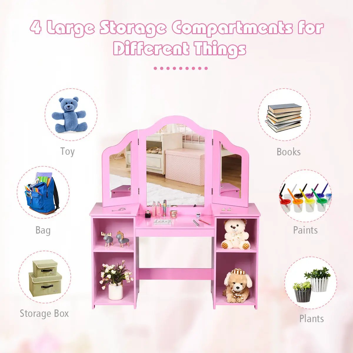Kids Tri Folding Mirror Makeup Dressing Vanity Table Set, photo 6 of 9
