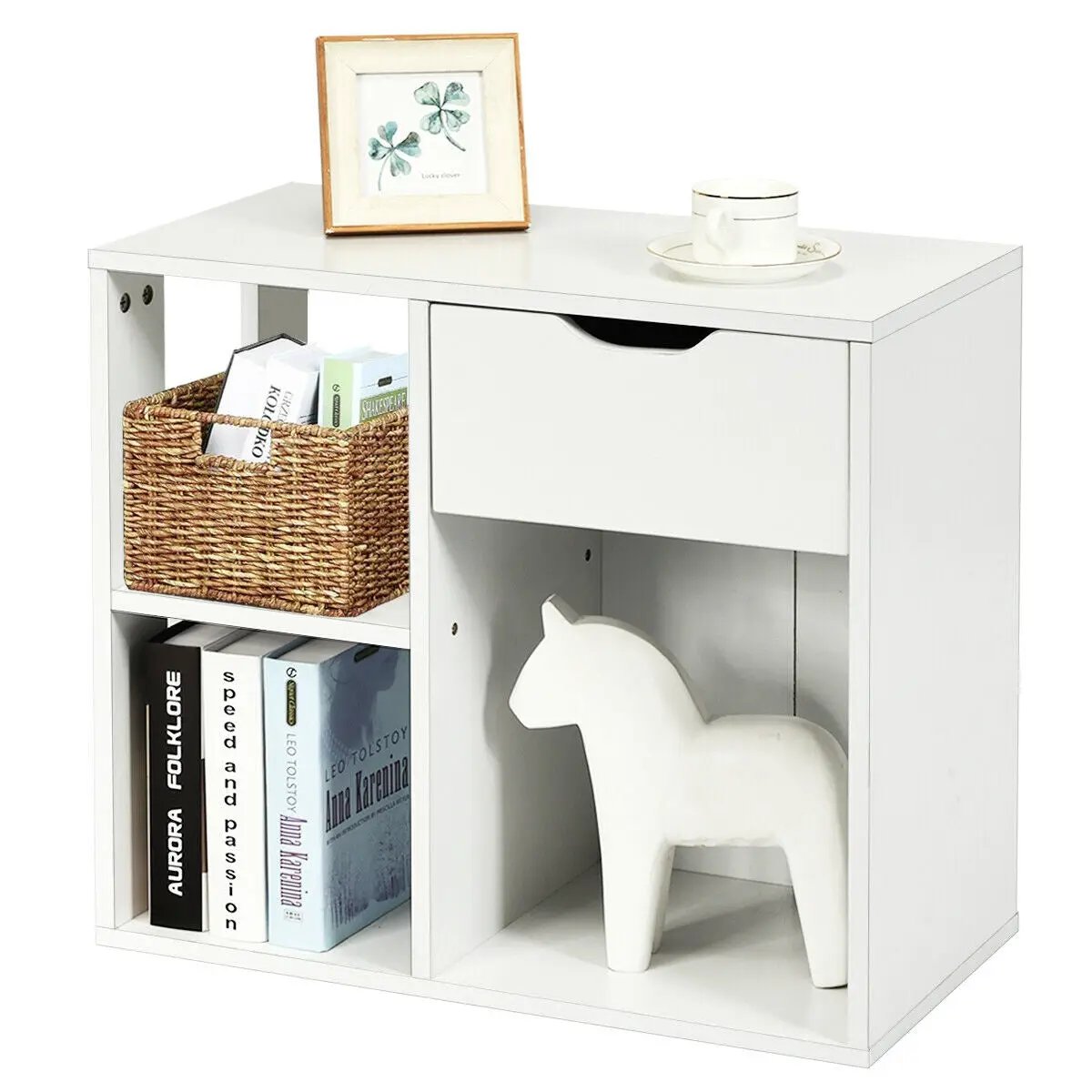 3-Cube Bookcase 2-tier Wooden Storage Shelf with Pull-out Drawer-Brown, photo 4 of 11