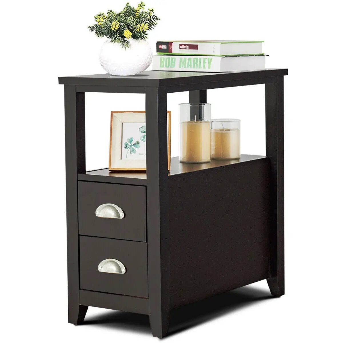 Set of 2 End Table Wooden with 2 Drawer & Shelf Bedside Table by DirectDeals