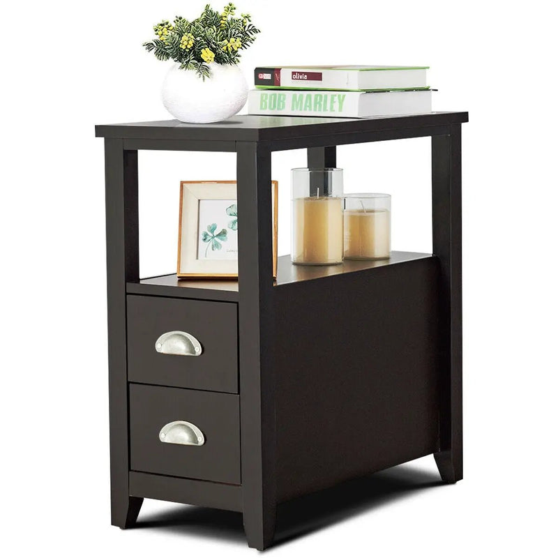 Set of 2 End Table Wooden with 2 Drawer & Shelf Bedside Table by DirectDeals