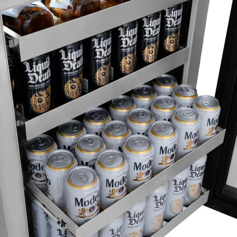 ZLINE 24" Touchstone 151 Can Beverage Fridge White Matte Glass Door Champagne Bronze Handle RBSOZ-WM-24-CB by Farmhouse Kitchen and Bath