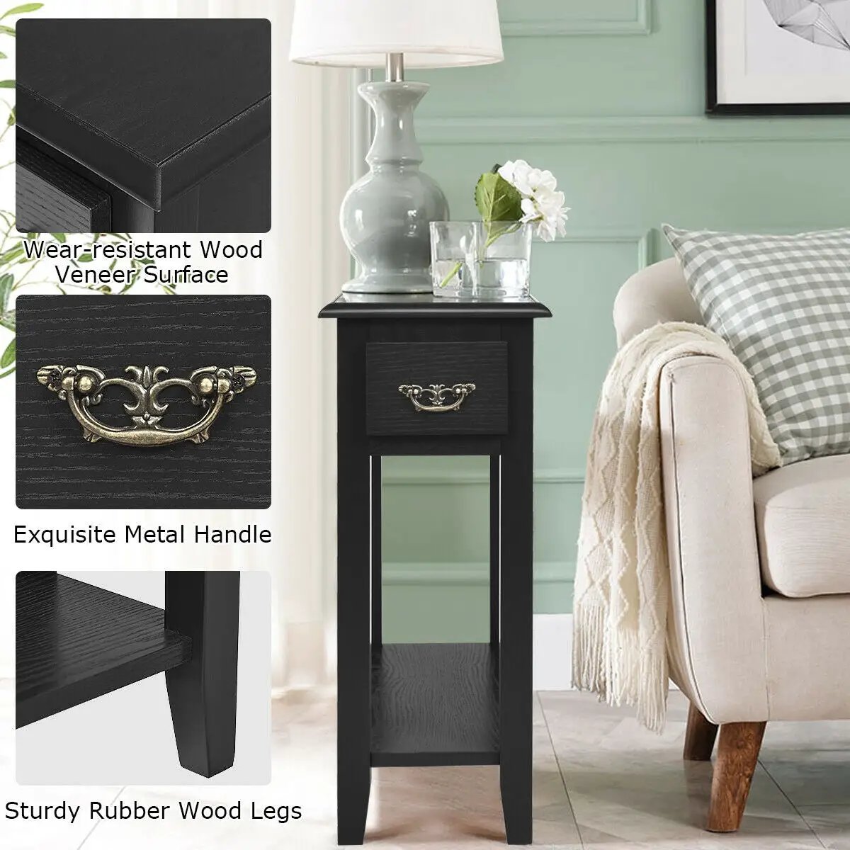 End Table Bedside Sofa End Table Narrow Nightstand with Wooden Legs, photo 8 of 11