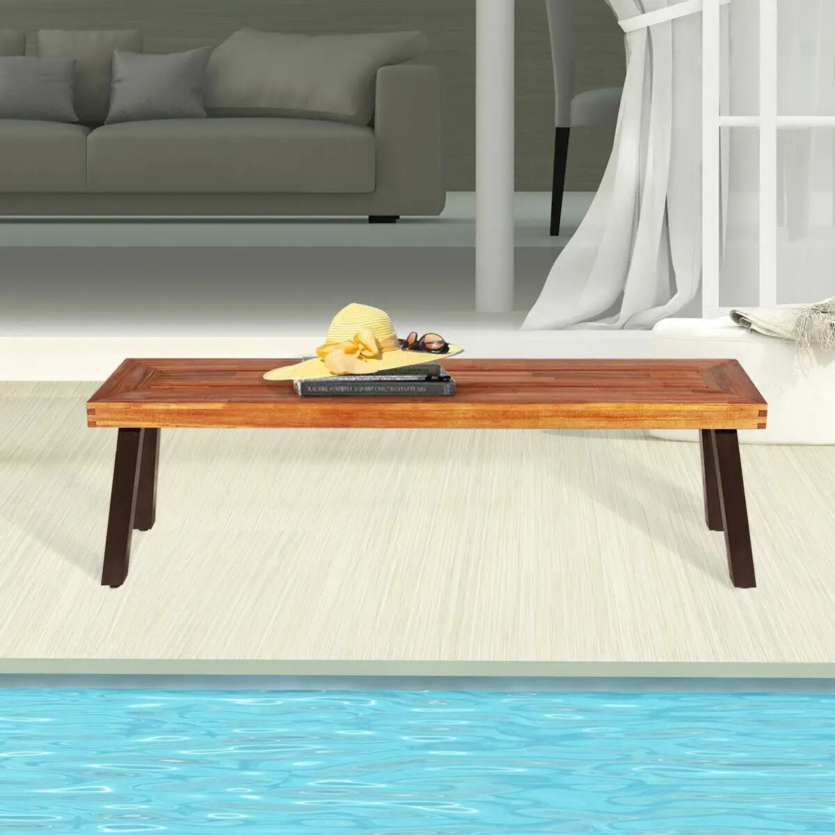 Patio Acacia Wood Dining Bench Seat with Steel Legs by DirectDeals