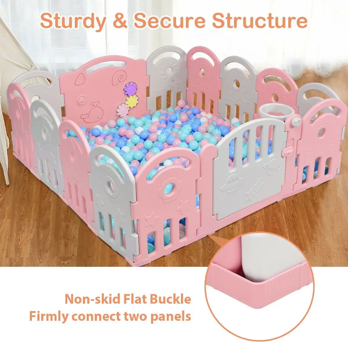 14-Panel Baby Playpen with Music Box & Basketball Hoop-Pink by DirectDeals