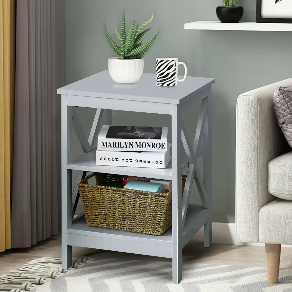 3-Tier Nightstand End Table with X Design Storage, photo 3 of 16