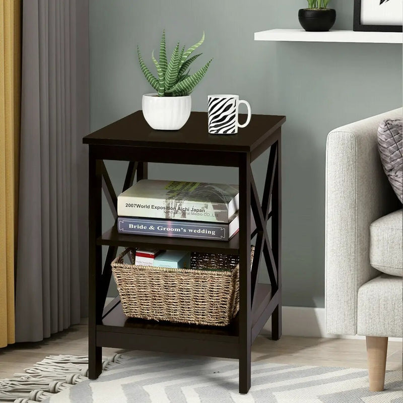 3-Tier Nightstand End Table with X Design Storage by DirectDeals