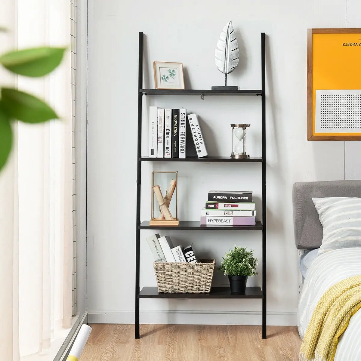 Multipurpose 4-Tier Industrial Leaning Wall Bookcase with Metal Frame, photo 13 of 16