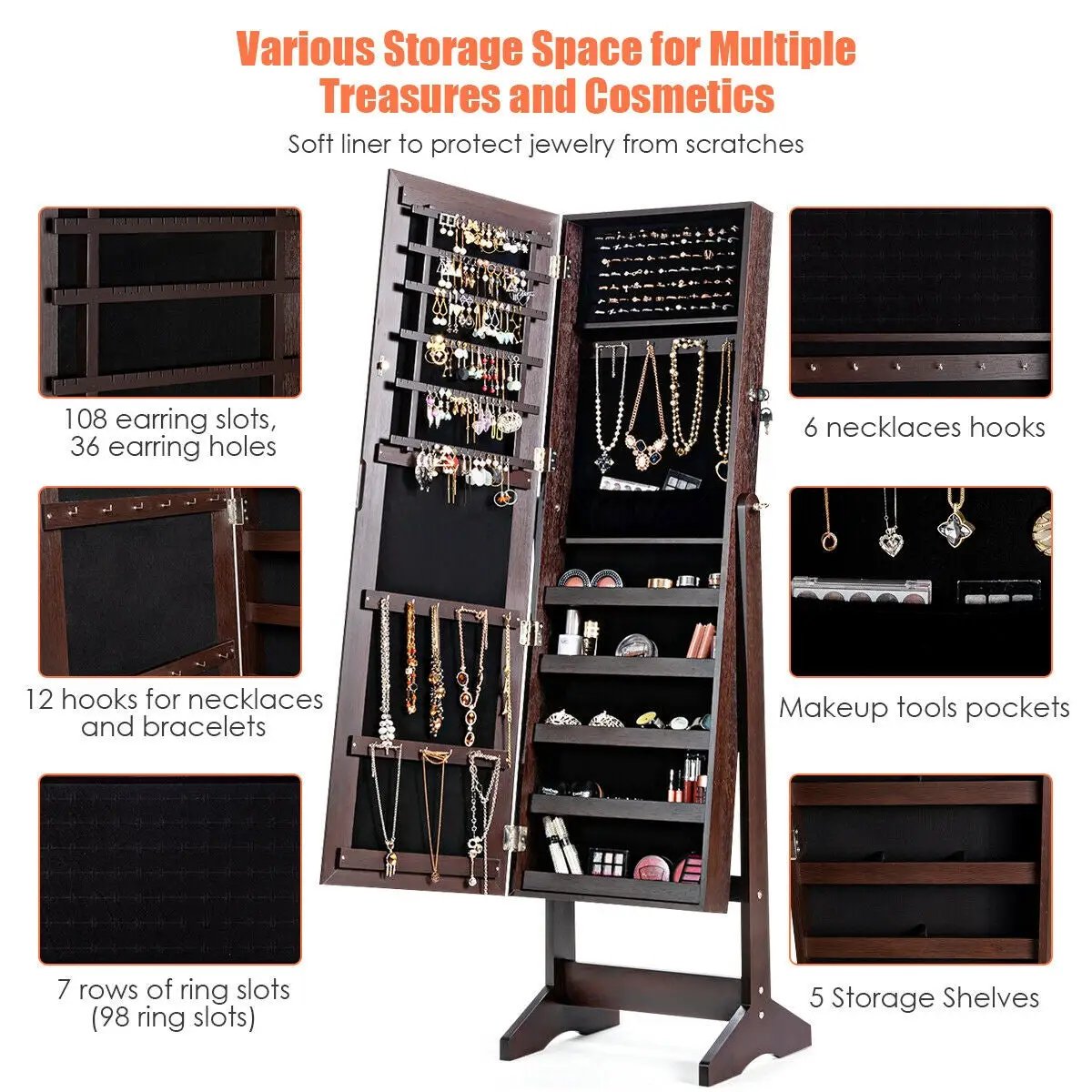Jewelry Cabinet Stand Mirror Armoire with Large Storage Box by DirectDeals