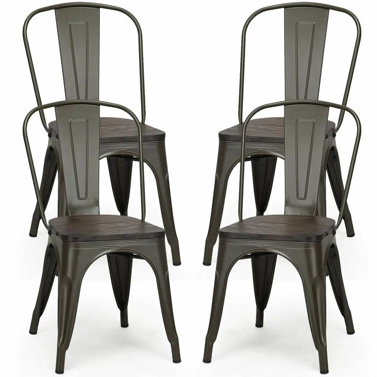 4 Pieces Tolix Style Metal Dining Side Chair Stackable Wood Seat by DirectDeals