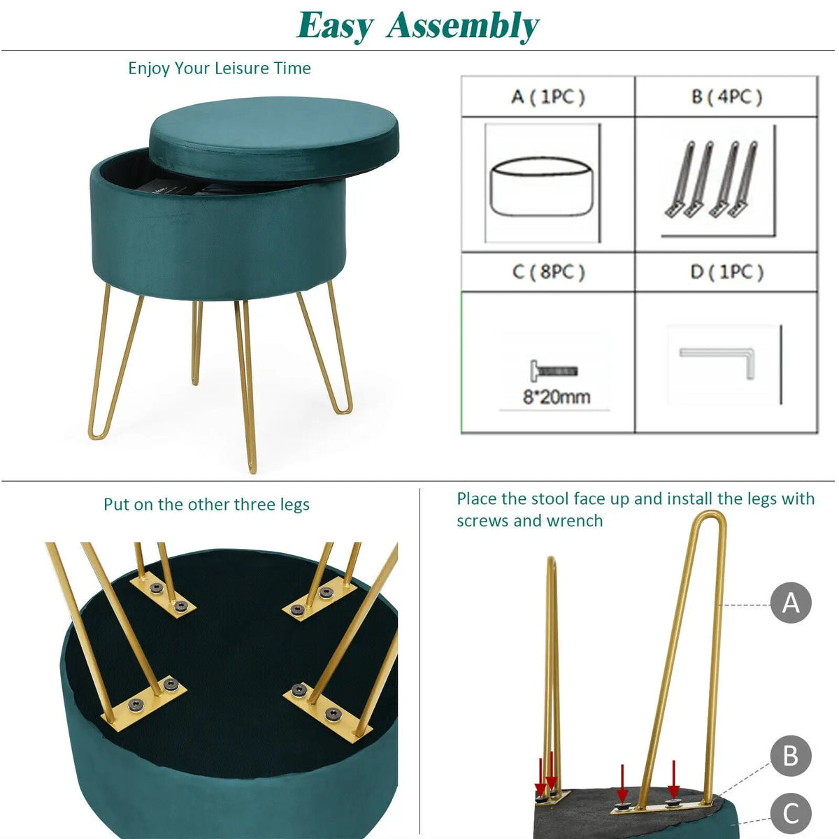Round Velvet Storage Ottoman Footrest Stool Vanity Chair with Metal Legs, photo 14 of 24