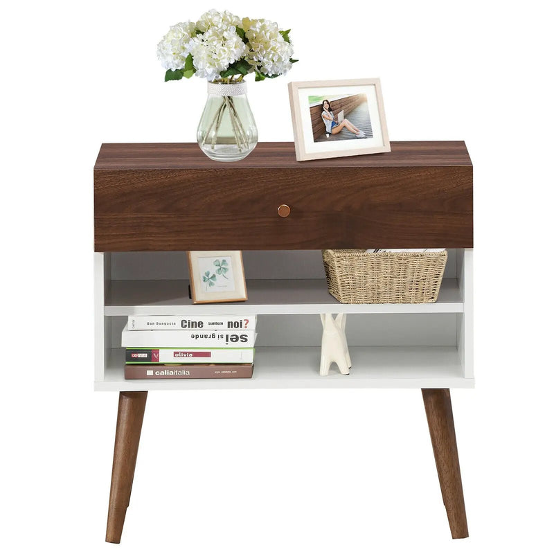 Mid-Century Nightstand with Drawer and Rubber Wood Legs by DirectDeals