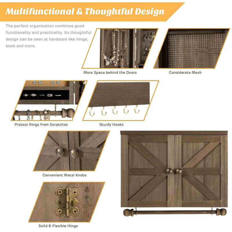 Vintage Wood Wall Mounted Jewelry Organizer with Barn Door-Brown by DirectDeals