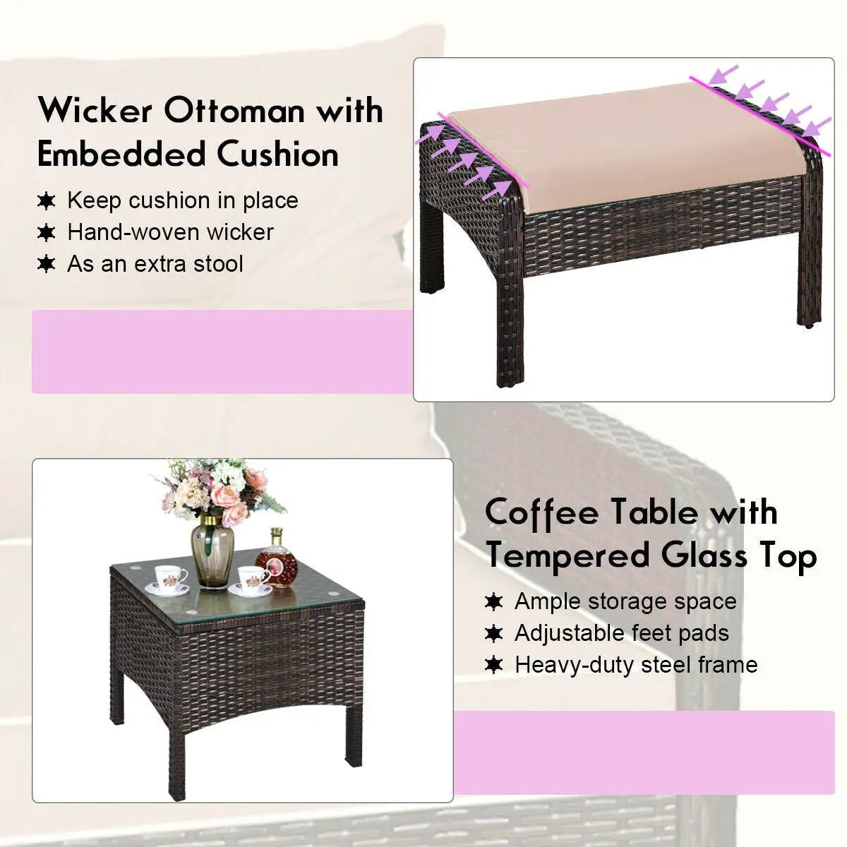 5 Pieces Patio Rattan Sofa Ottoman Furniture Set with Cushions-Black by DirectDeals