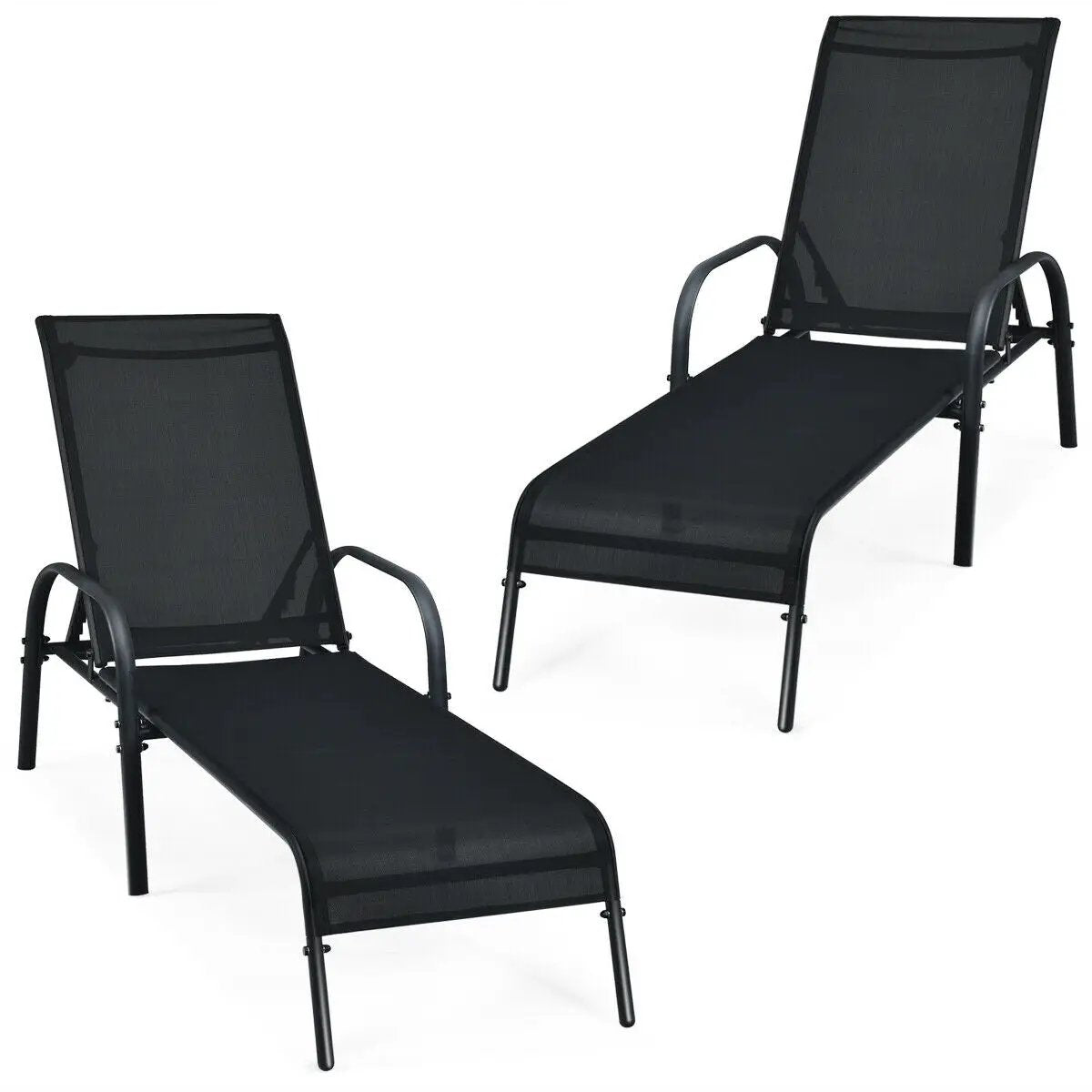 2 Pcs Outdoor Patio Lounge Chair Chaise Fabric with Adjustable Reclining Armrest-Brown by DirectDeals