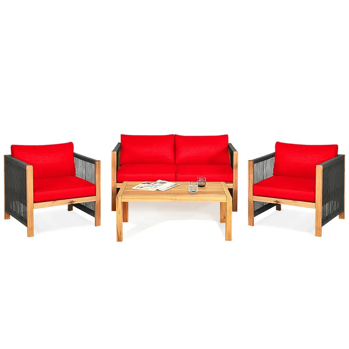 4 Pieces Acacia Wood Outdoor Patio Furniture Set with Cushions by DirectDeals