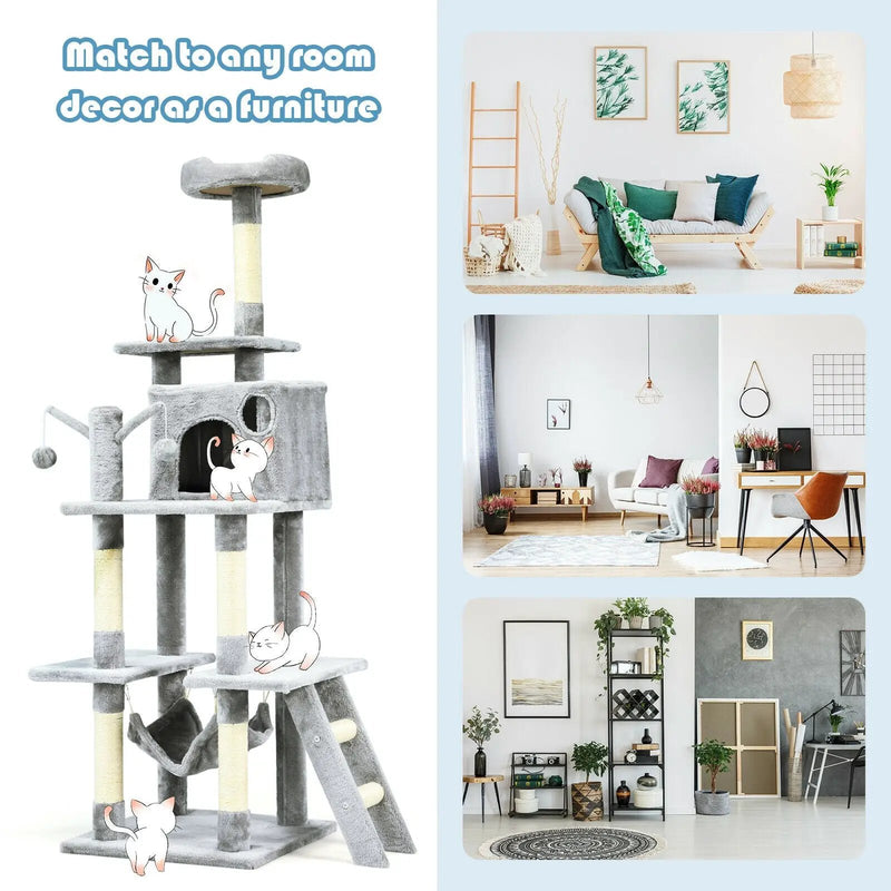 66 Inch Cat Tree Condo Kitten Multi-Level Activity Center-Gray by DirectDeals