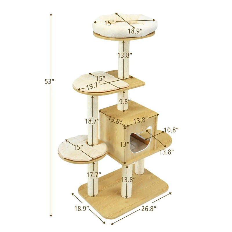 4 Levels Modern Wood Cat Tower with Washable Mats-Walnut by DirectDeals