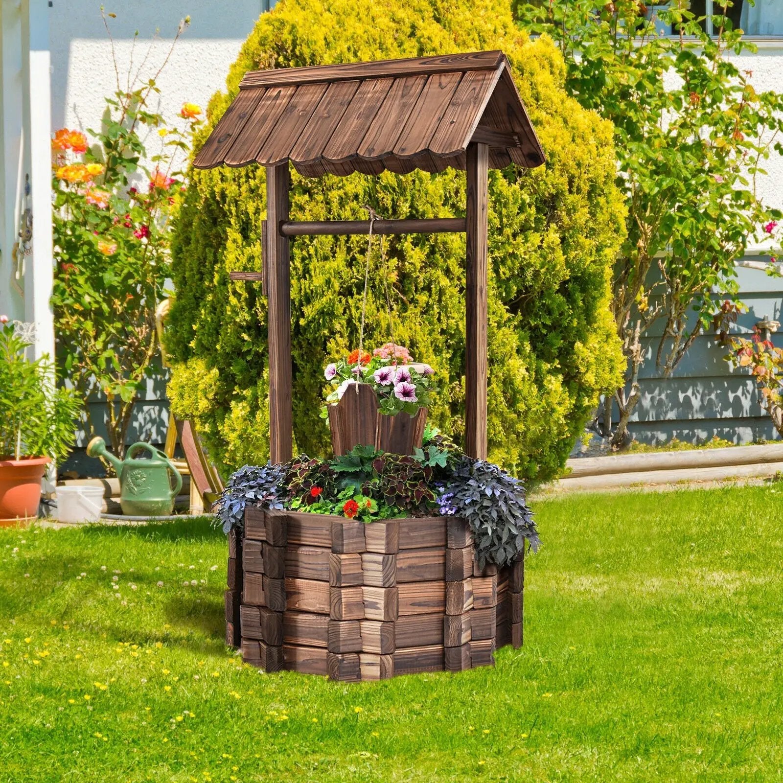 Outdoor Wooden Wishing Well Planter Bucket by DirectDeals