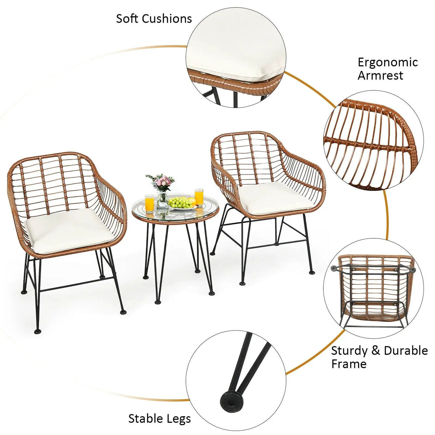 3-Piece Rattan Bistro Set with Cushions and Glass Table by DirectDeals