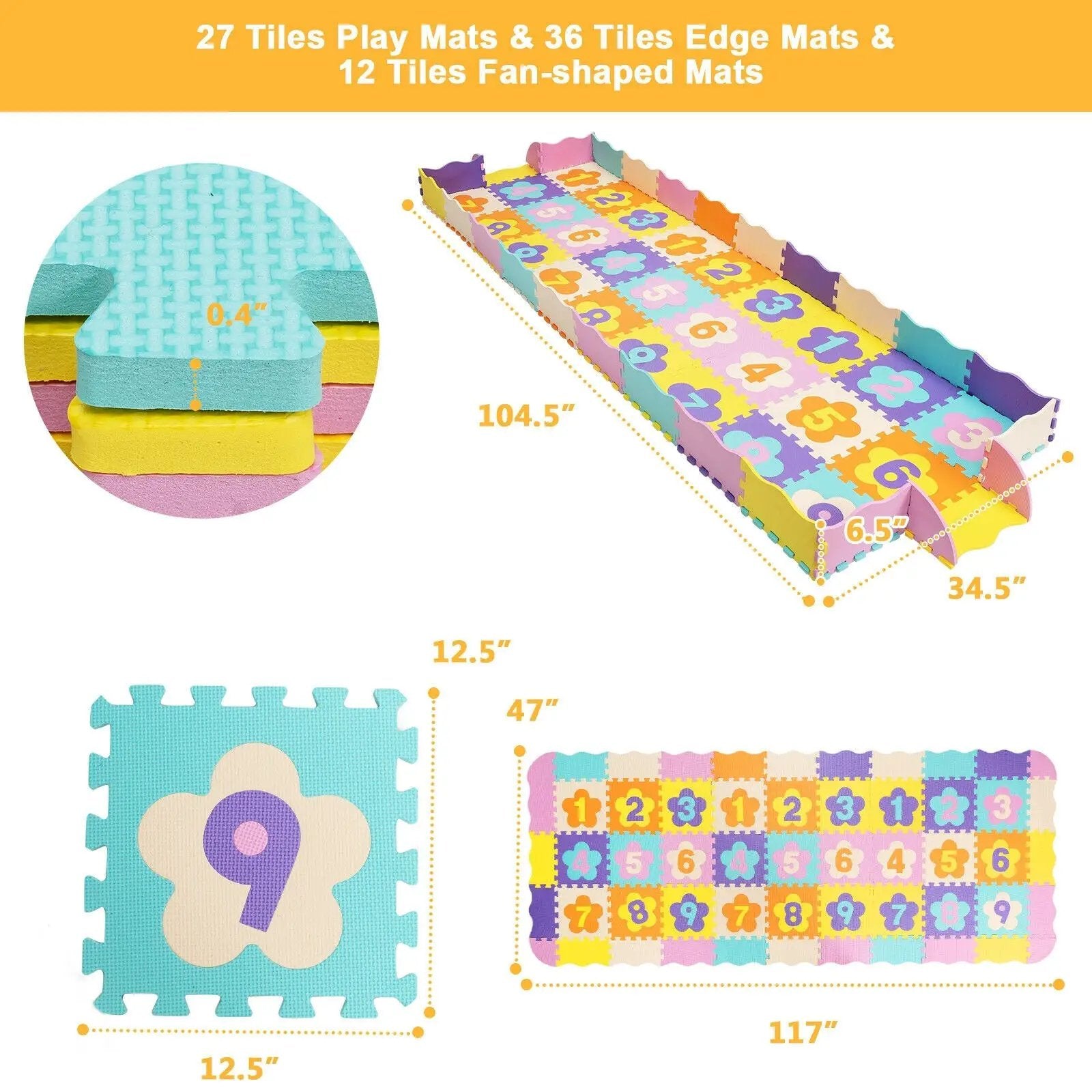 75 Pieces Baby Foam Interlocking Play Mat with Fence with Detachable Numbers by DirectDeals