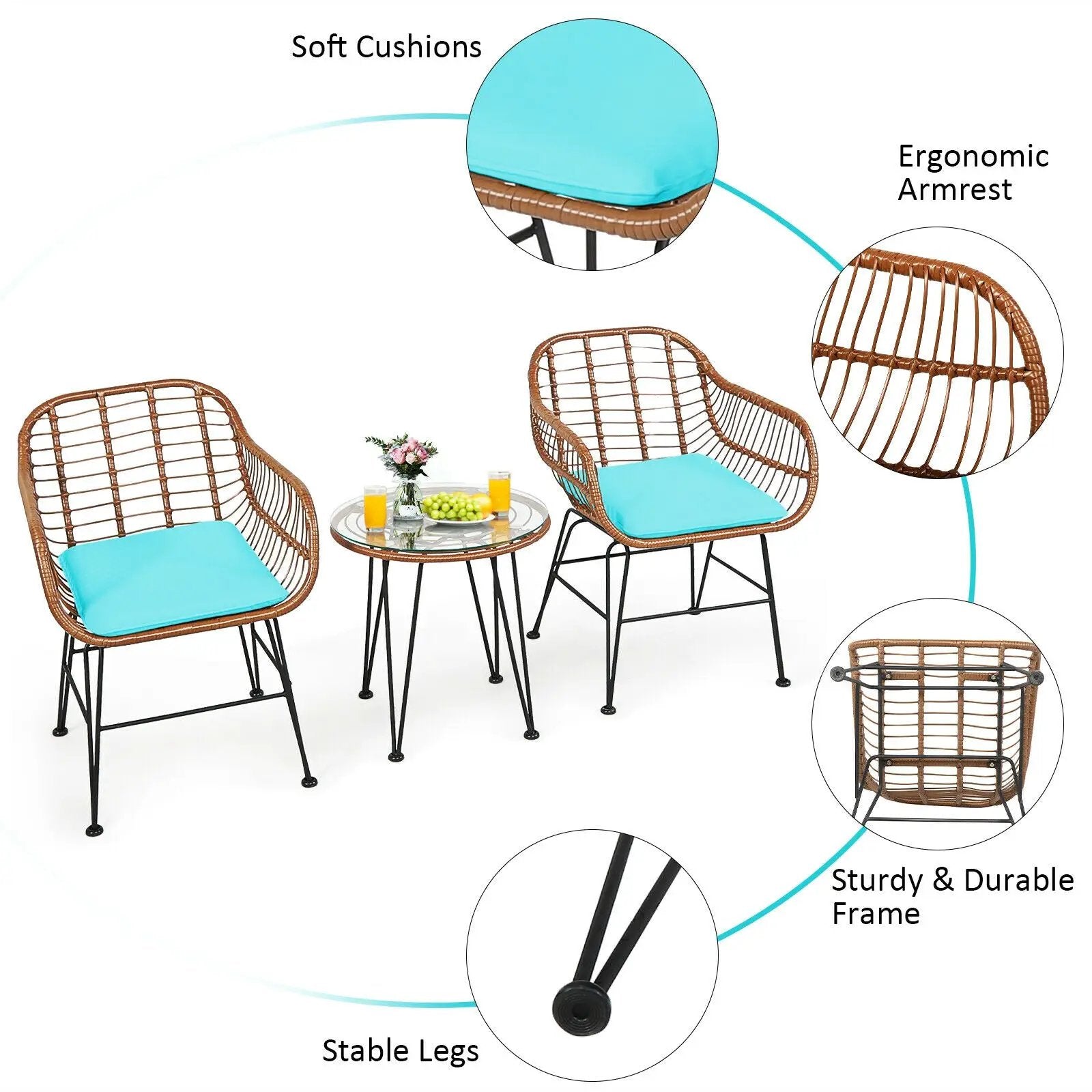 3-Piece Rattan Bistro Set with Cushions and Glass Table by DirectDeals