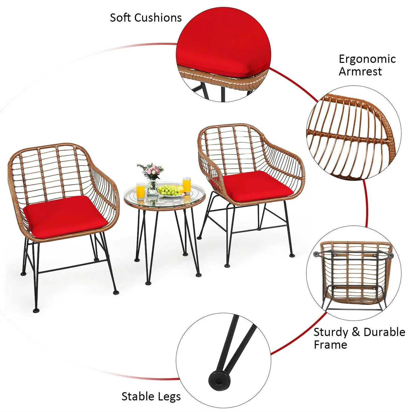3-Piece Rattan Bistro Set with Cushions and Glass Table by DirectDeals