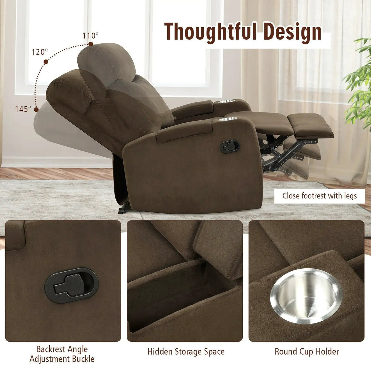 Recliner Chair Single Sofa Lounger with Arm Storage and Cup Holder for Living Room, photo 4 of 16