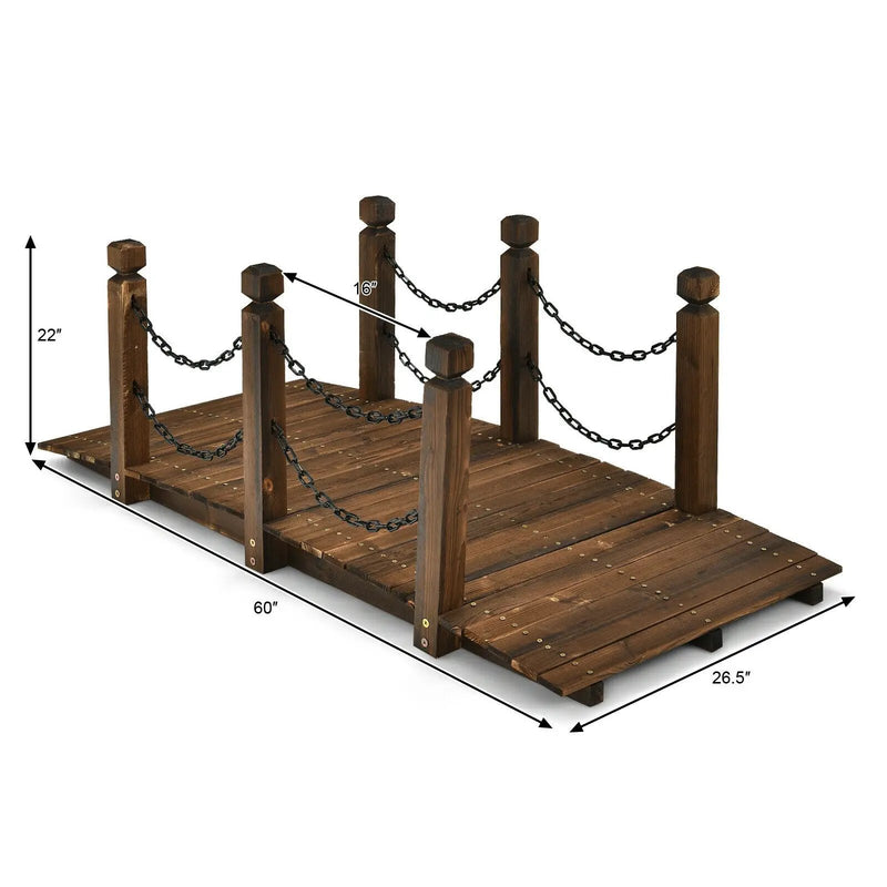 5 Feet Wooden Garden Bridge Arc Footbridge Stained Finish Walkway with Safety Rails by DirectDeals