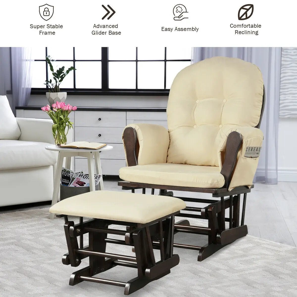 Wood Glider and Ottoman Set with Padded Armrests and Detachable Cushion by DirectDeals