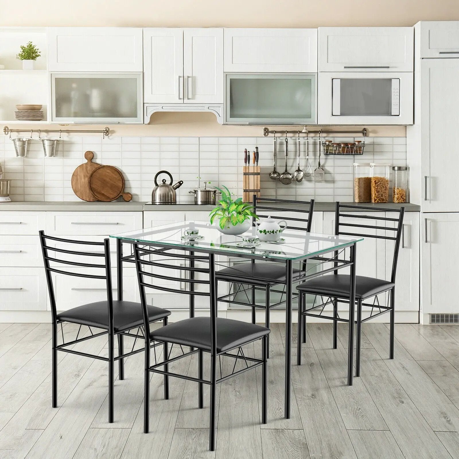 5 Pieces Dining Set with Tempered Glass Top Table and 4 Upholstered Chairs by DirectDeals