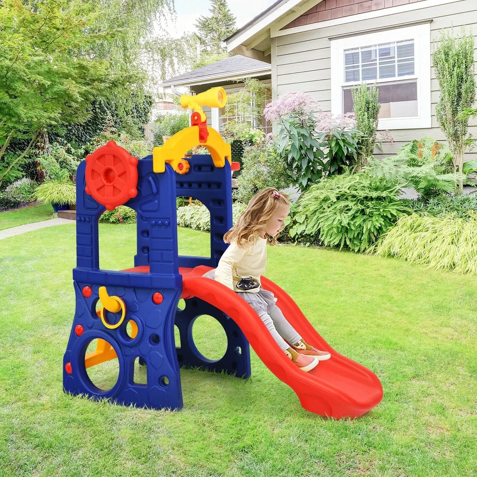 6-in-1 Freestanding Kids Slide with Basketball Hoop and Ring Toss by DirectDeals