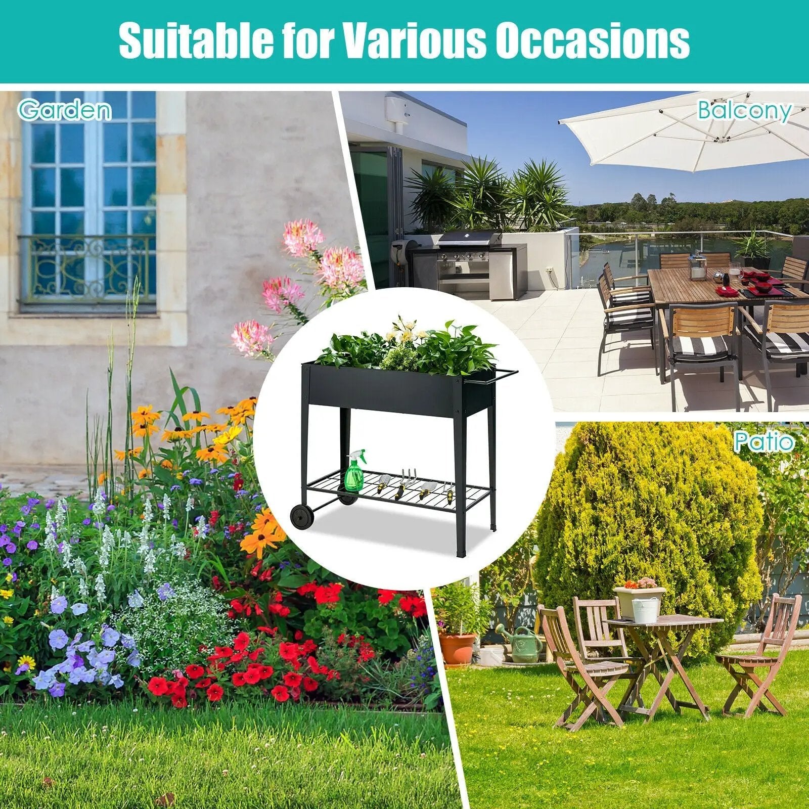 Raised Garden Bed Elevated Planter Box on Wheels Steel Planter with Shelf-Black by DirectDeals