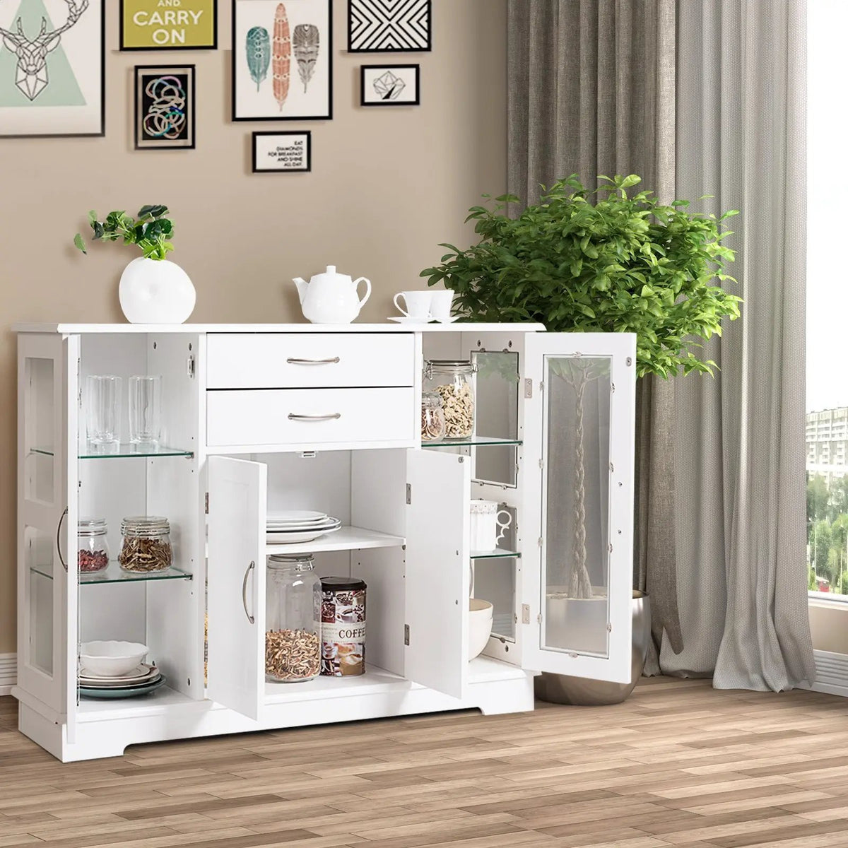 Sideboard Buffet Server Storage Cabinet with 2 Drawers and Glass Doors, photo 2 of 9