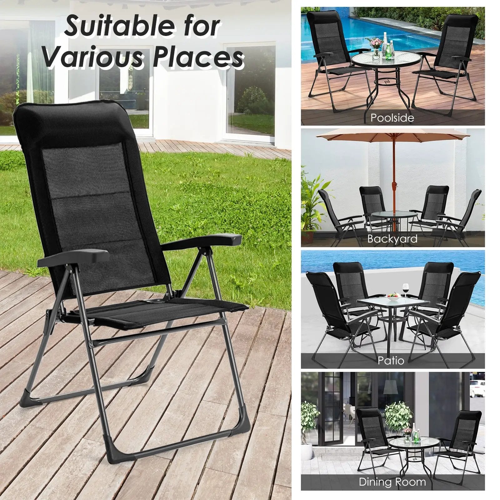 2 Pcs Portable Patio Folding Dining Chairs with Headrest Adjust for Camping -Black by DirectDeals