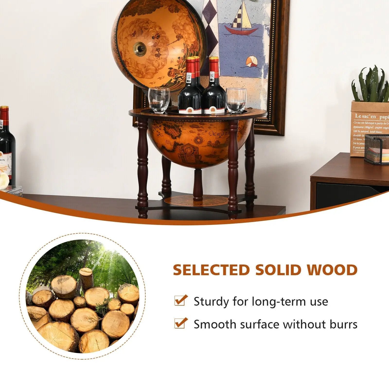 23 Inch Globe Wine Bar Stand for Dining Room and Living Room-Coffee by DirectDeals