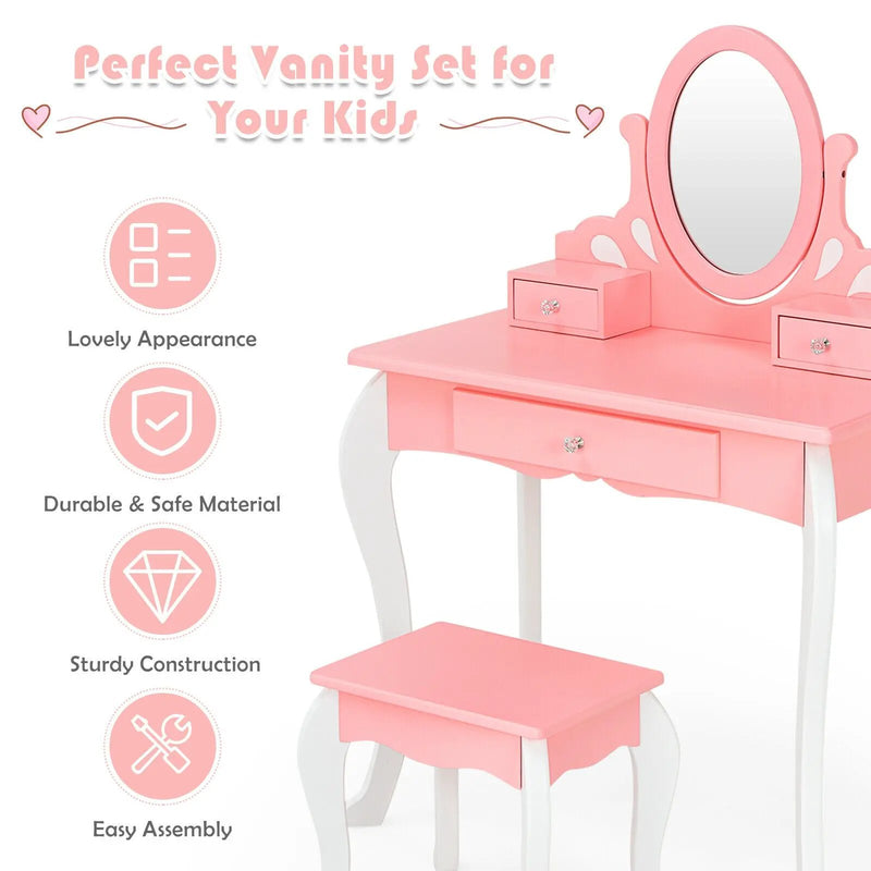 Kids Vanity Princess Makeup Dressing Table Stool Set with Mirror and Drawer by DirectDeals