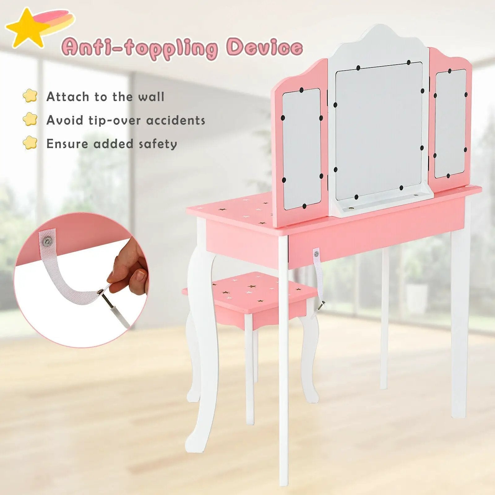 Kids Princess Vanity Table and Stool Set with Tri-folding Mirror and Drawer by DirectDeals