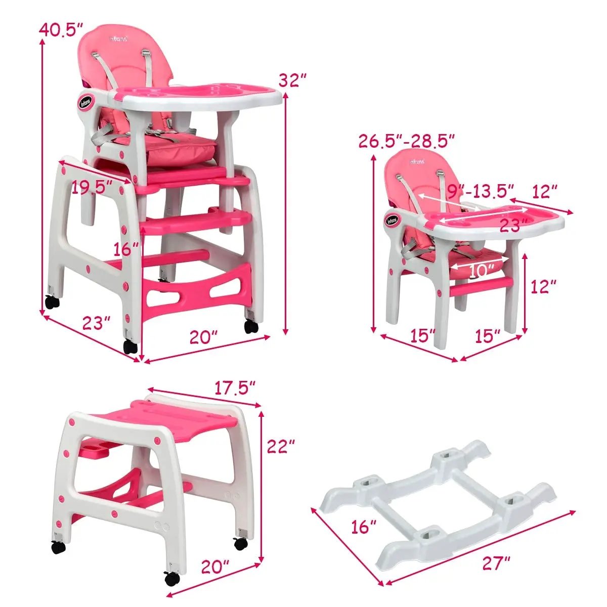 3-in-1 Baby High Chair with Lockable Universal Wheels by DirectDeals