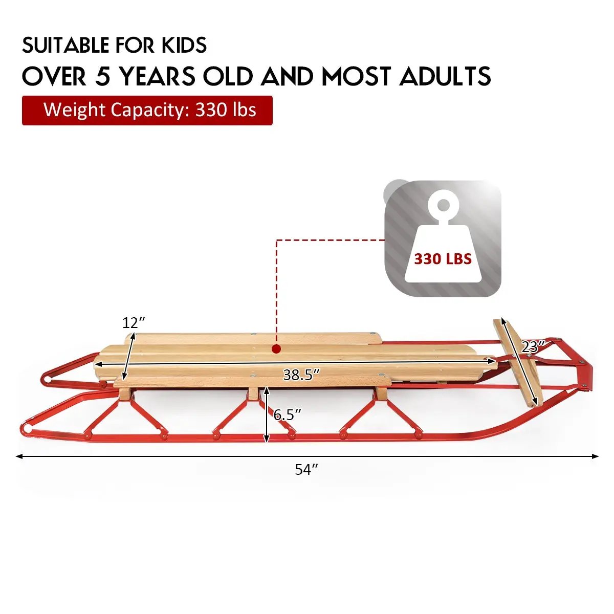 54 Inch Wood Snow Sled with Metal Runners and Steering Bar, photo 10 of 16