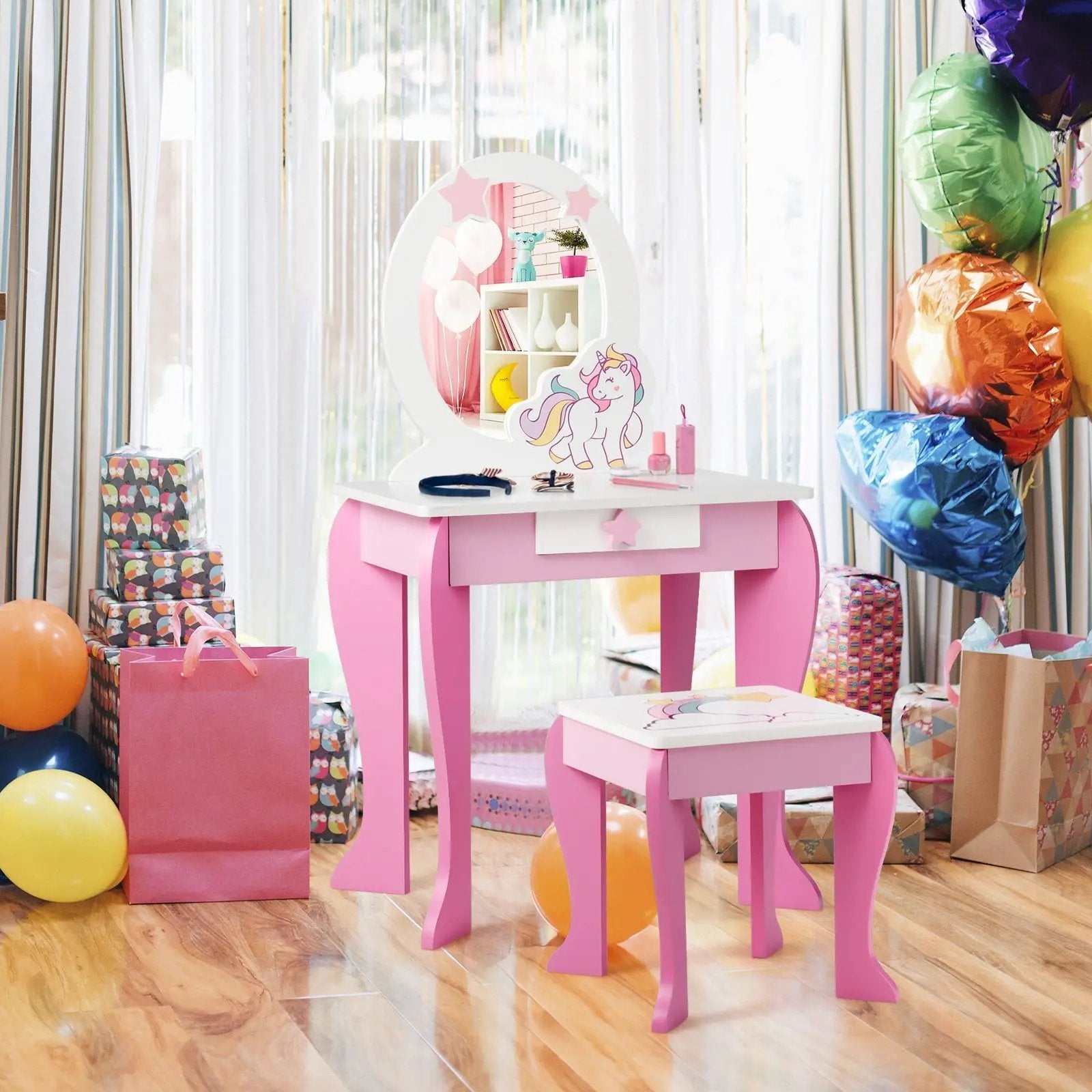 Kids Wooden Makeup Dressing Table and Chair Set with Mirror and Drawer by DirectDeals