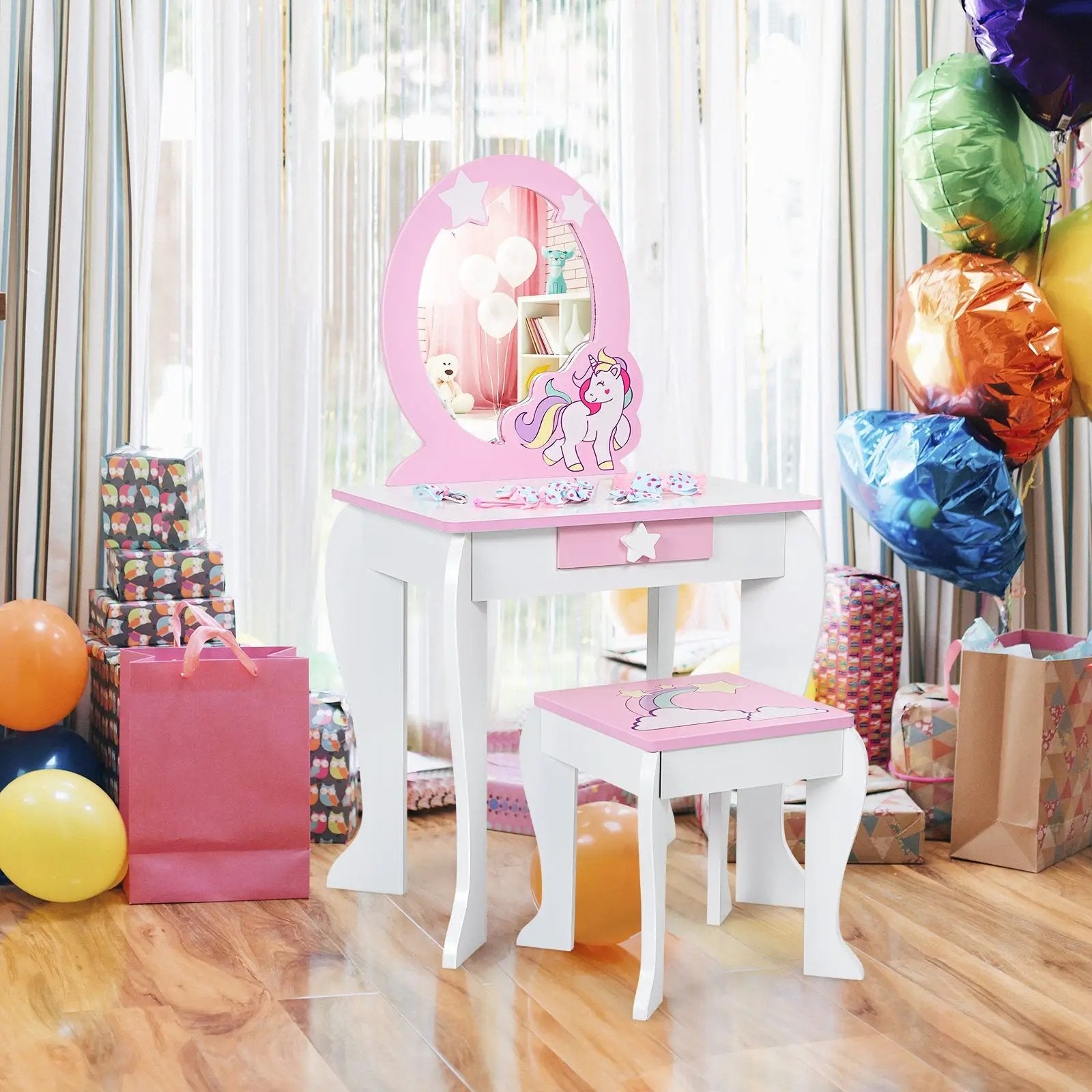 Kids Wooden Makeup Dressing Table and Chair Set with Mirror and Drawer by DirectDeals
