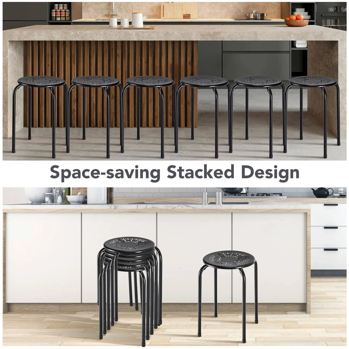 6-Pack Stackable Multifunctional Daisy Design Backless Round Metal Stool Set, photo 6 of 9