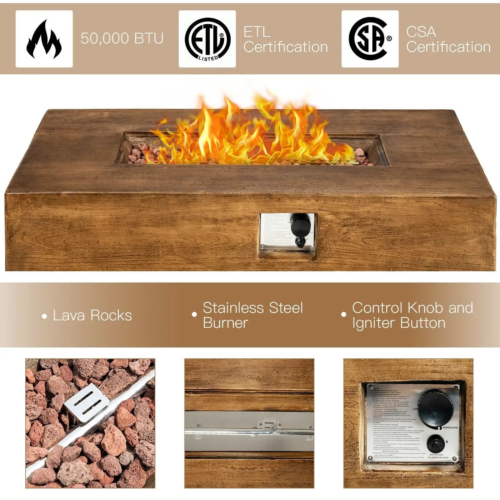48 x 27 Inch Outdoor Gas Fire Pit Table 50 000 BTU with Lava Rocks and Cover by DirectDeals