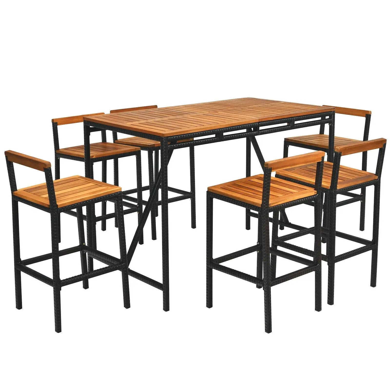 7 Pieces Acacia Wood Patio Rattan Bar Set with Umbrella Hole by DirectDeals