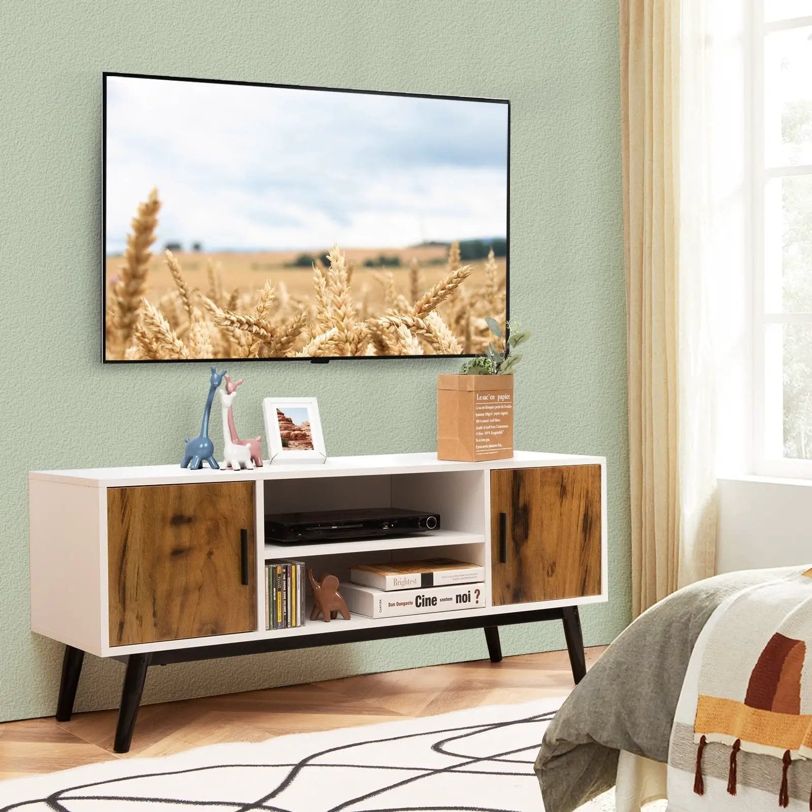 Mid-Century Wood TV Stand for 55 Inch with 2 Cabinets and Open Shelves by DirectDeals