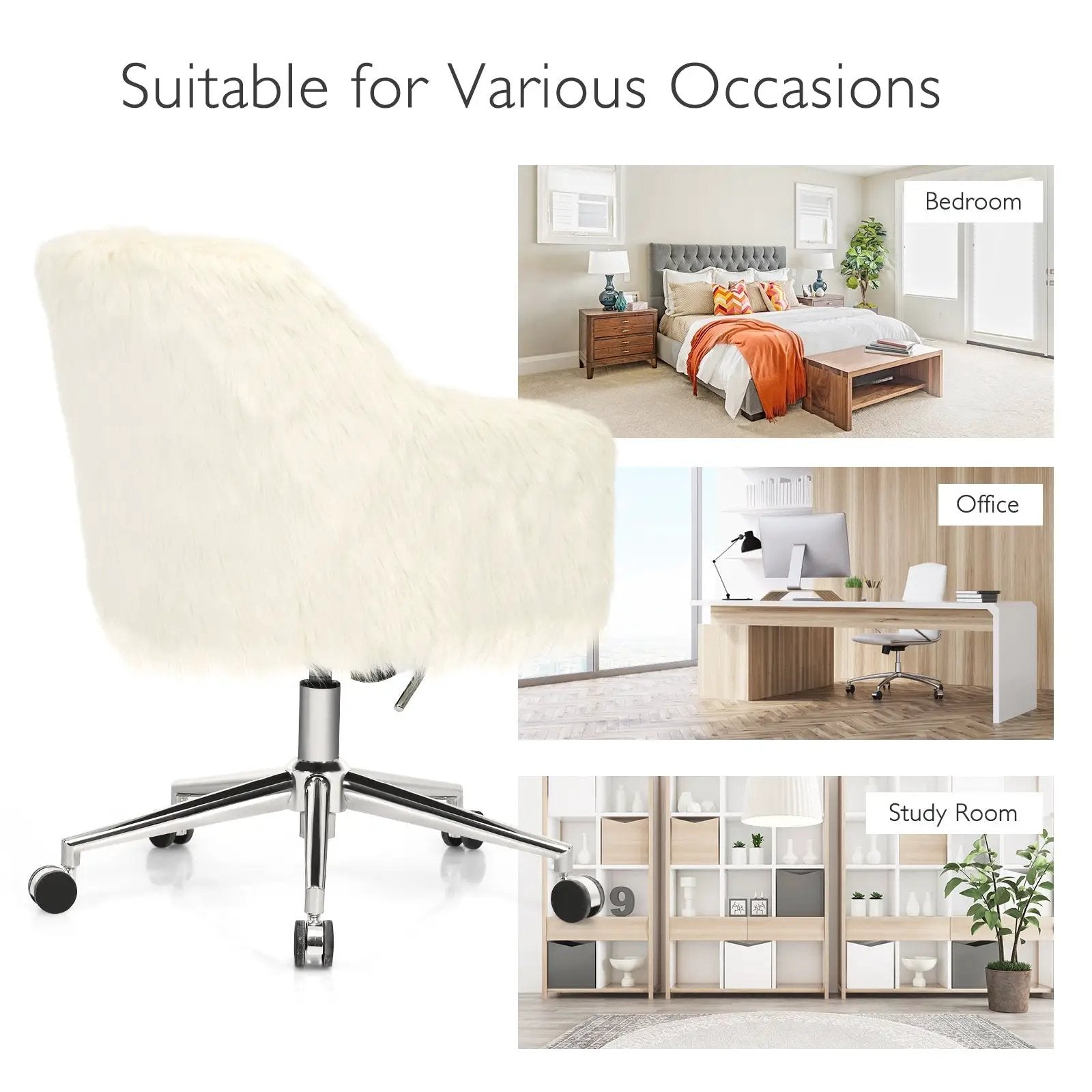 Modern Fluffy Faux Fur Vanity Office Chair for Teens Girls-Beige by DirectDeals