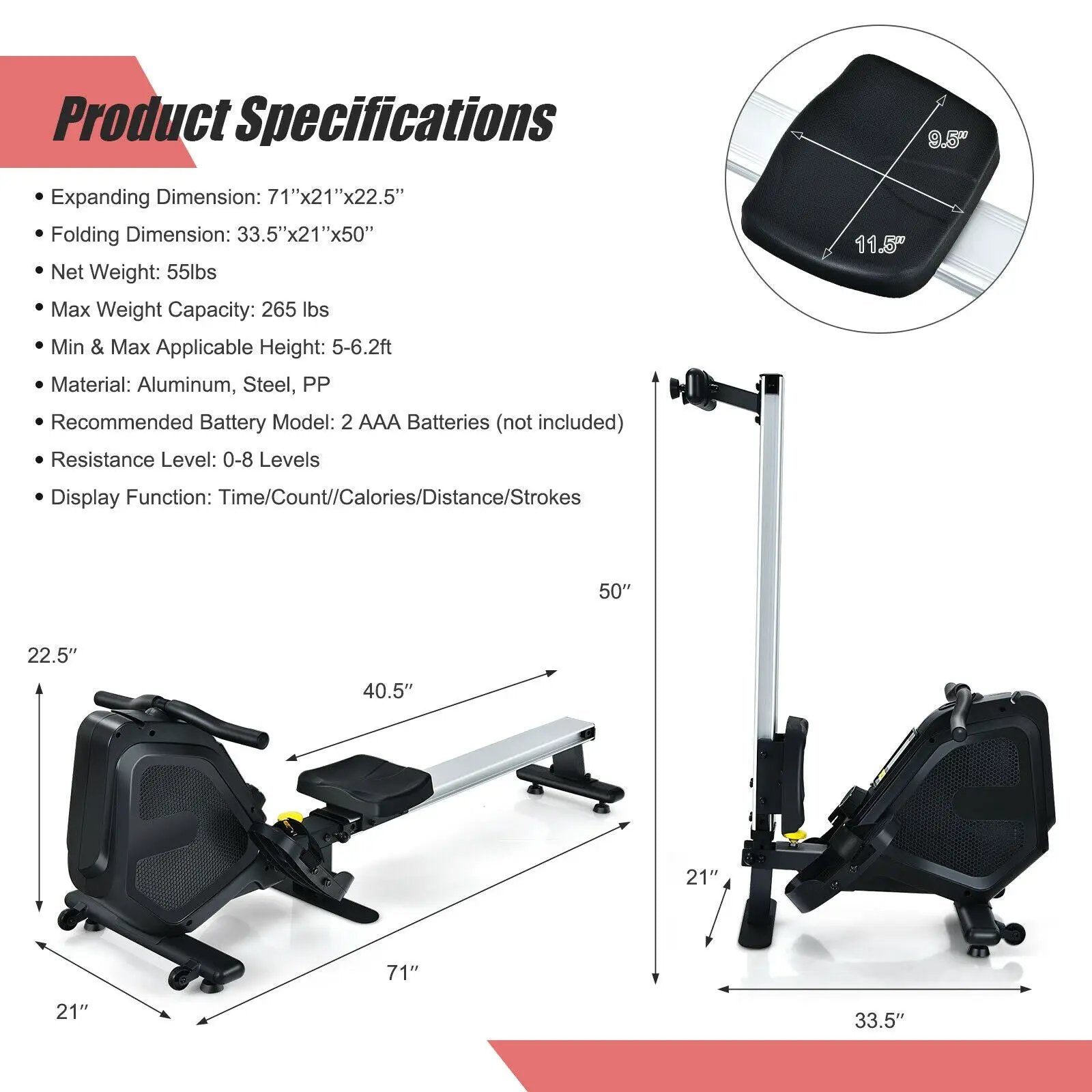 Folding Magnetic Rowing Machine with Monitor Aluminum Rail 8 Adjustable Resistance by DirectDeals
