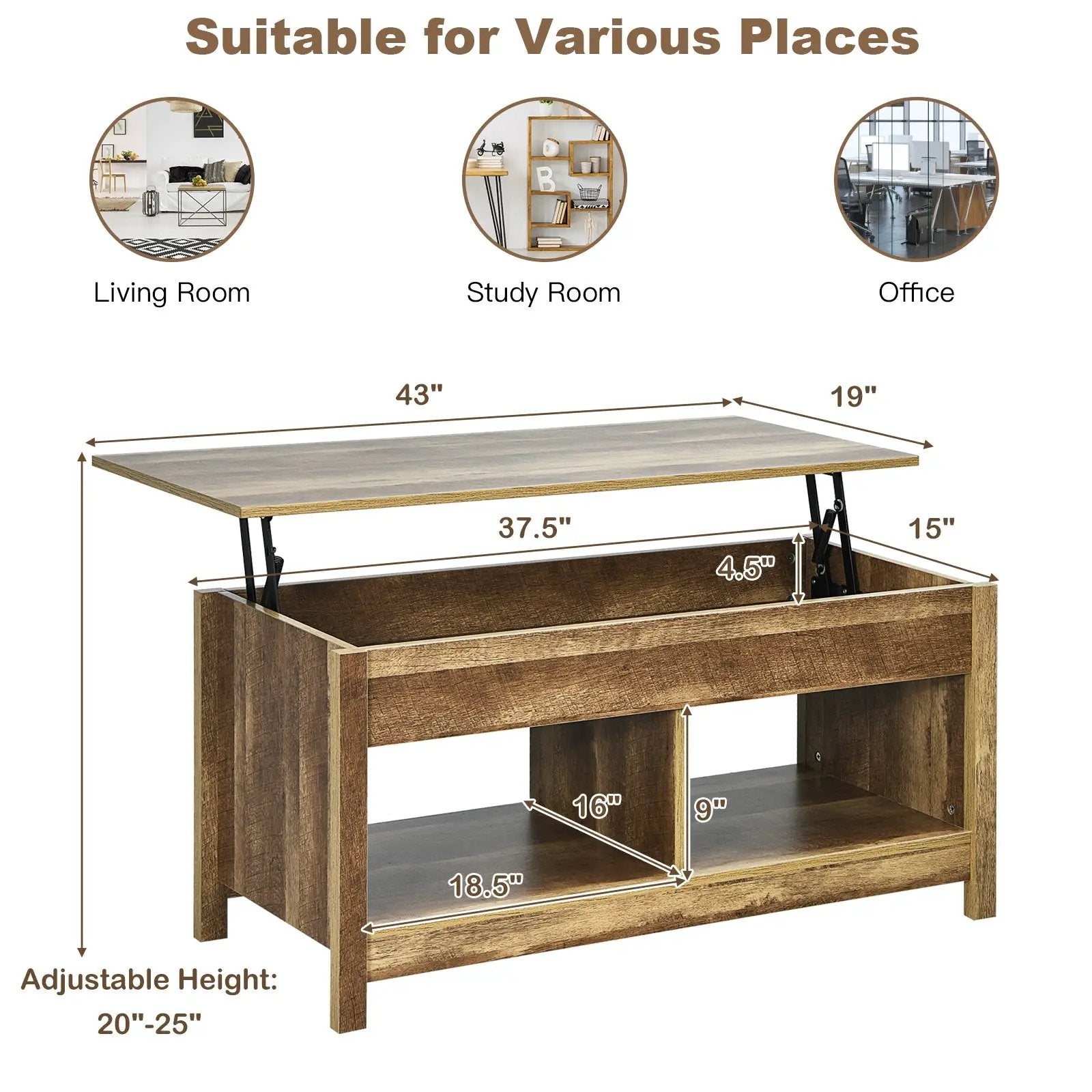 Lift Top Coffee Table with Hidden Storage Compartment and Lower Shelf for Study Room by DirectDeals