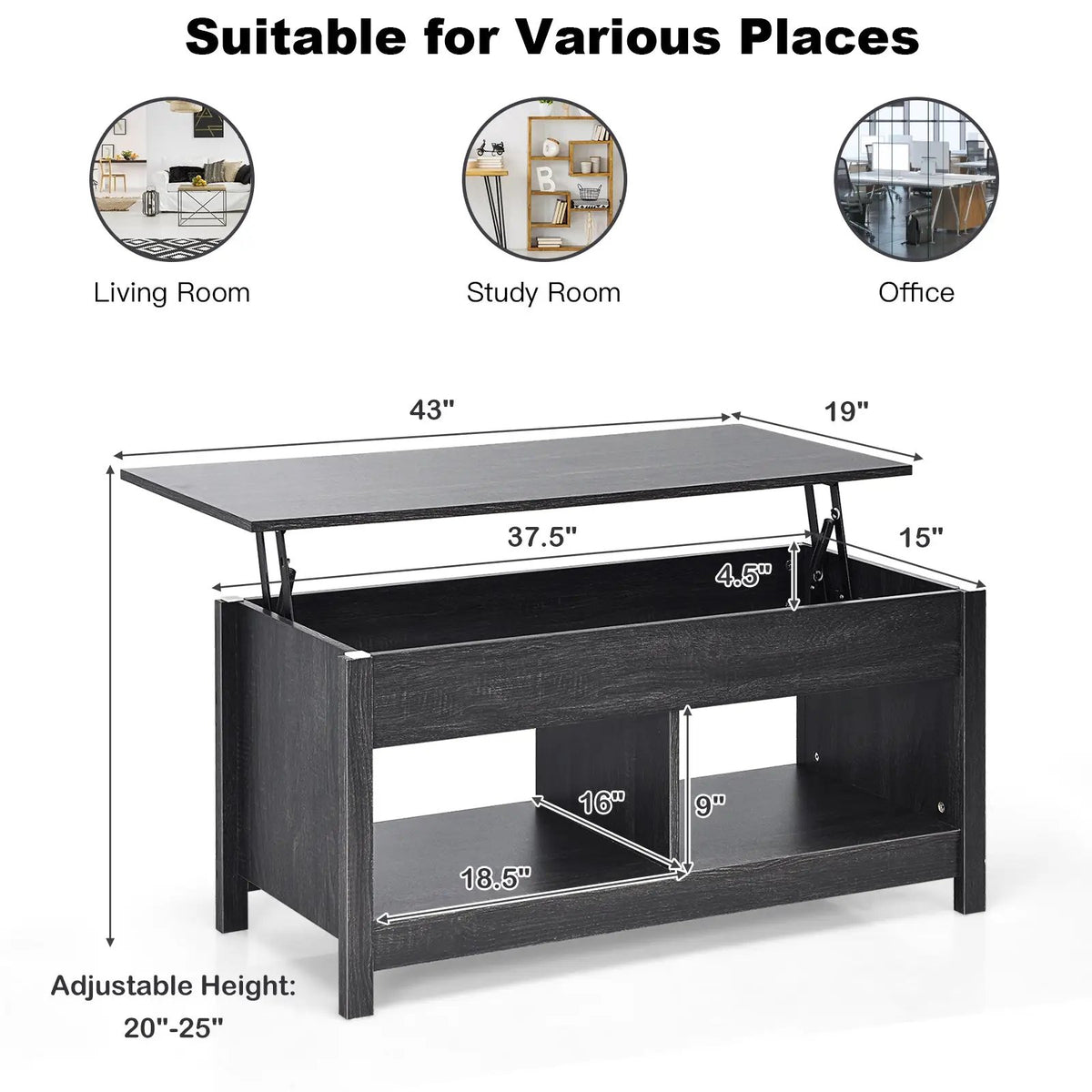 Lift Top Coffee Table with Hidden Storage Compartment and Lower Shelf for Study Room, photo 10 of 24