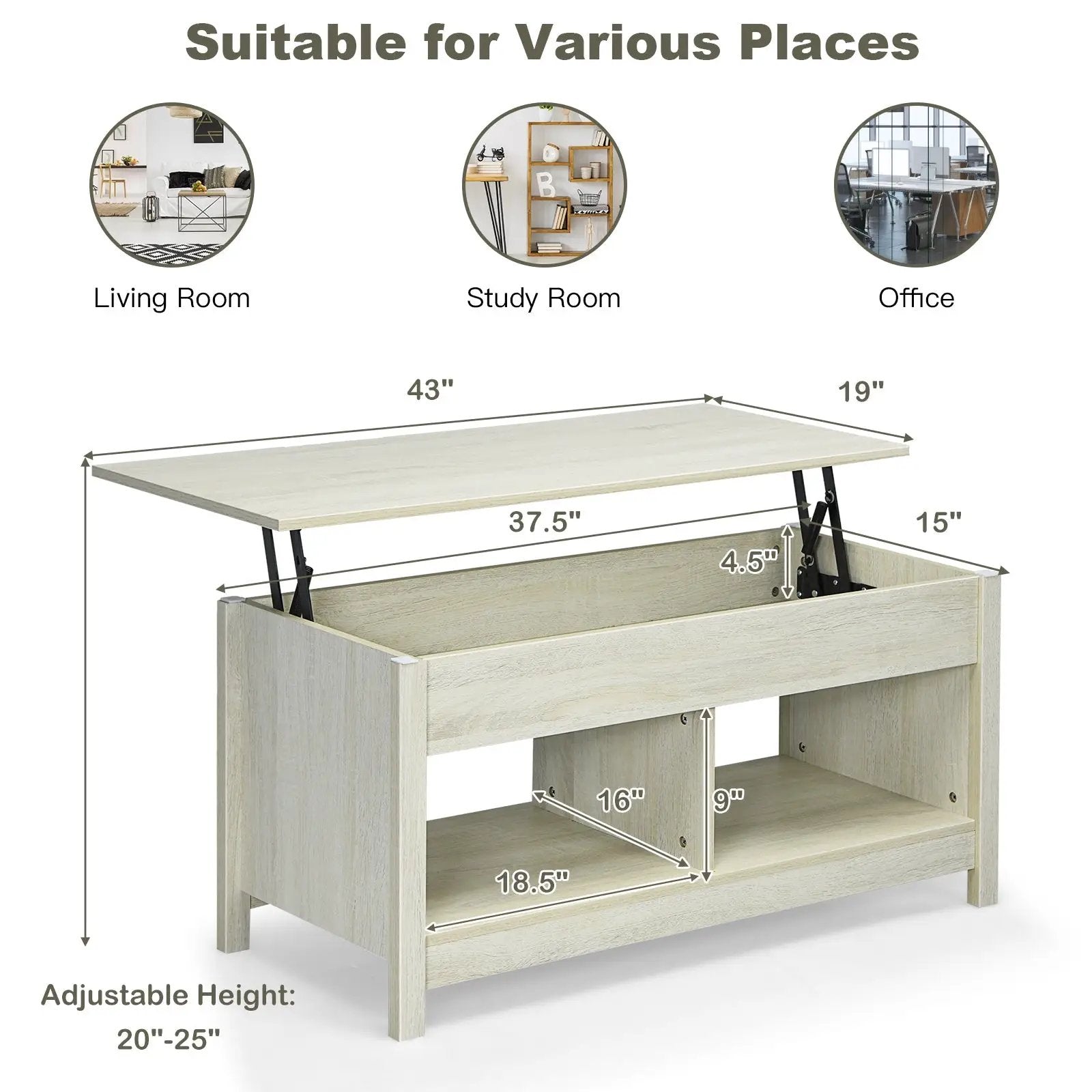Lift Top Coffee Table with Hidden Storage Compartment and Lower Shelf for Study Room by DirectDeals